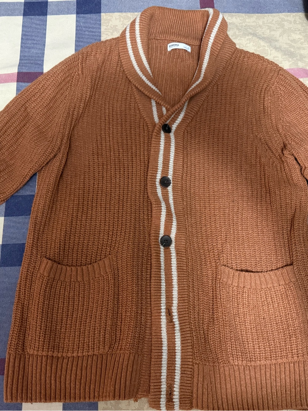 Sonoma Men's Rust Orange Shawl-Collar Button Front Cardigan with Cream Trim (M)